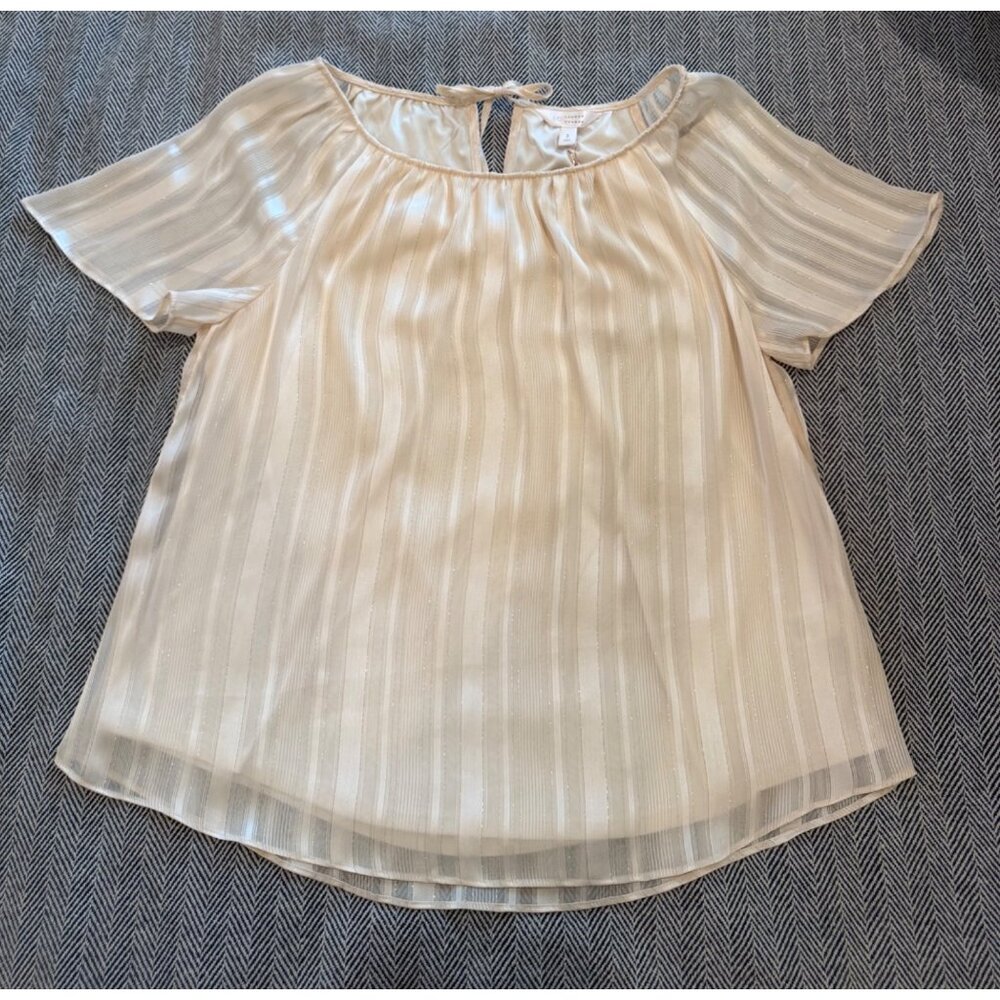 NWT Lauren Conrad Cream Striped Sheer Blouse With Tie Back Detail & Short Sleeve
